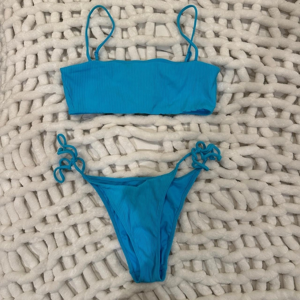 LA Hearts Women's Blue Ribbed Bikini Sets